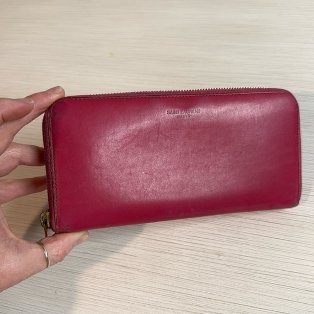 Auth Saint Laurent Round Zipper Long Wallet Solid Pink Leather Italy